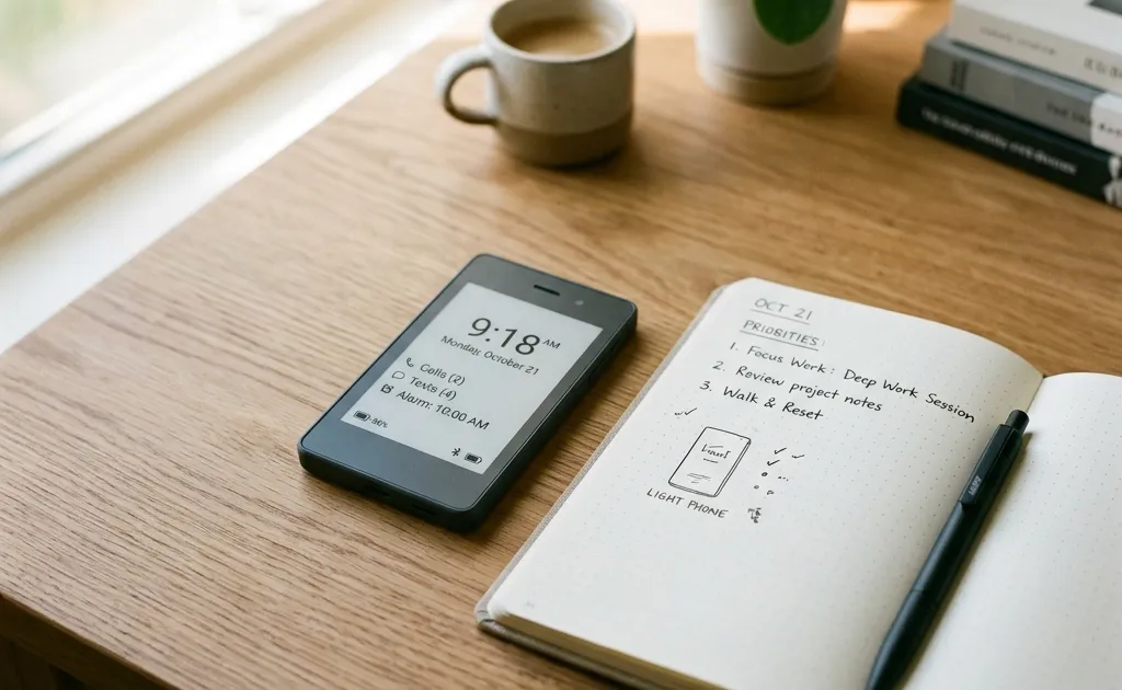A sleek, modern minimalist 'dumb phone' resting on a clean, wooden productivity desk next to an open paper notebook.
