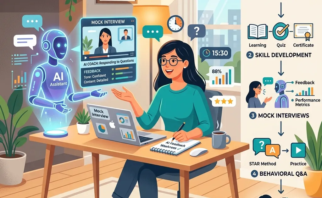 Illustration showing AI-powered job interview preparation workflow