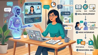 Illustration showing AI-powered job interview preparation workflow