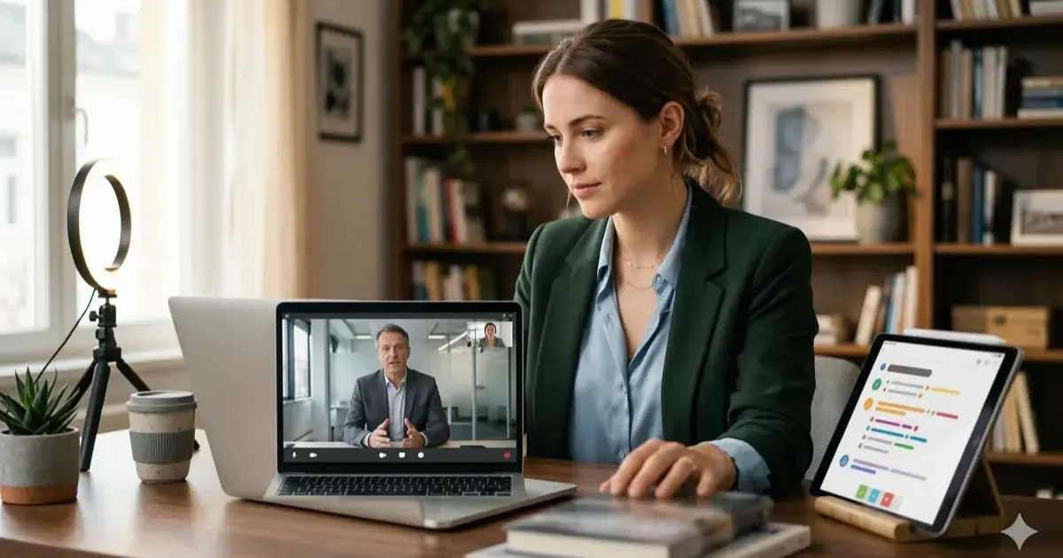 Illustration showing AI-powered job interview preparation workflow