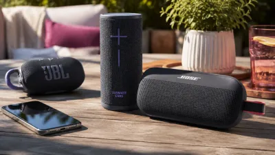 A few portable Bluetooth speakers under $100 on an outdoor table