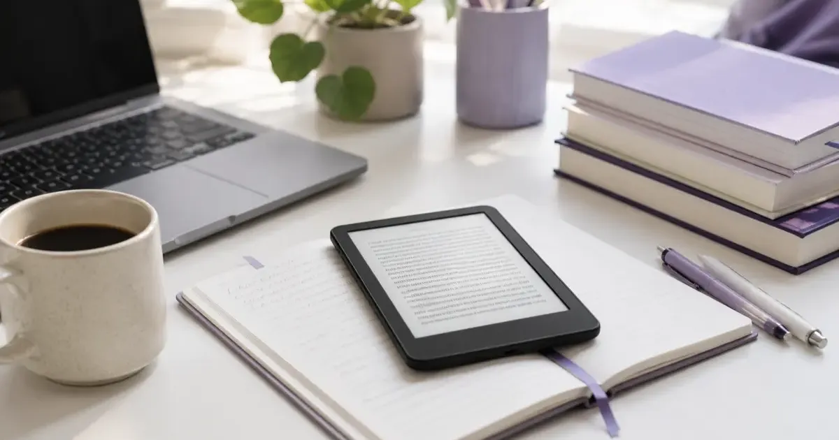 Kindle e-reader on a desk next to textbooks, notebooks, and a coffee cup in a student study setup