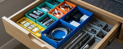 A desk drawer filled with colorful 3D printed Gridfinity modular storage bins holding tools and office supplies