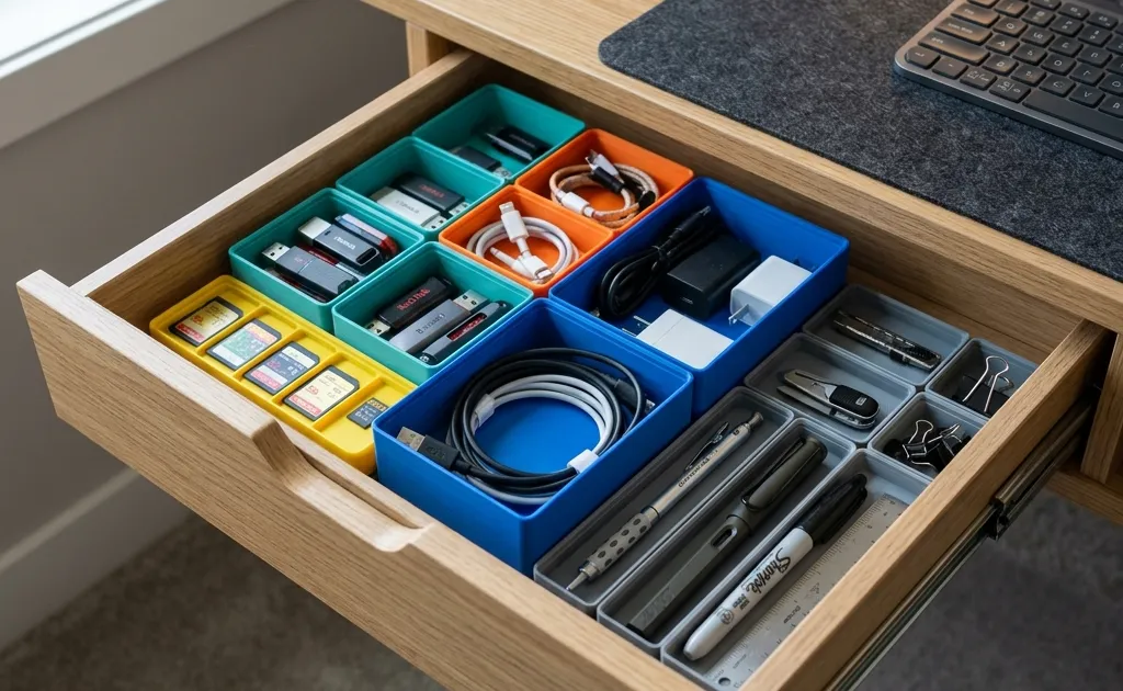 A desk drawer filled with colorful 3D printed Gridfinity modular storage bins holding tools and office supplies