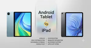 An Apple iPad and an Android tablet displayed side by side on a desk for comparison
