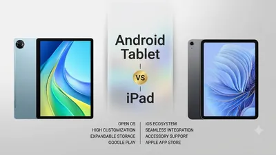 An Apple iPad and an Android tablet displayed side by side on a desk for comparison