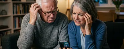 An older couple looking confused and slightly frustrated while staring at a glowing smartphone screen.
