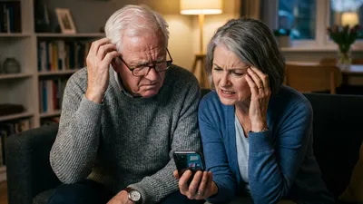 An older couple looking confused and slightly frustrated while staring at a glowing smartphone screen.