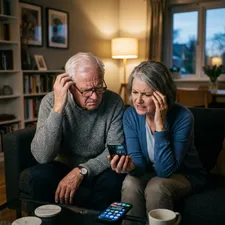 An older couple looking confused and slightly frustrated while staring at a glowing smartphone screen.