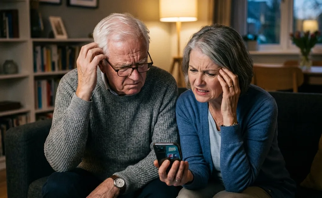 An older couple looking confused and slightly frustrated while staring at a glowing smartphone screen.