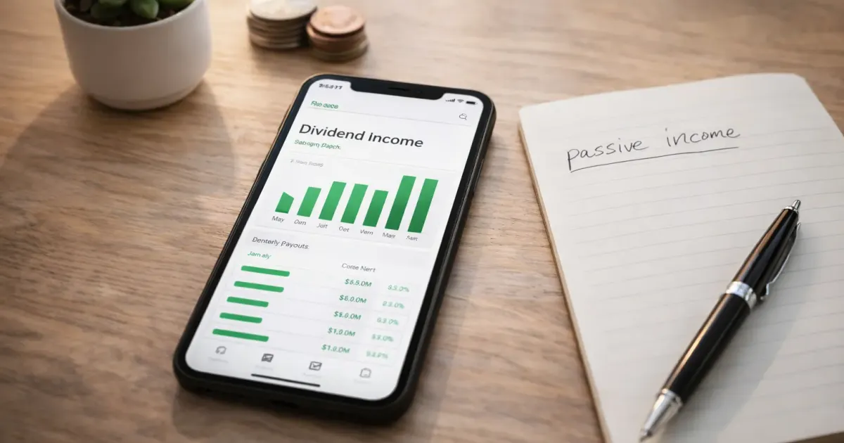 Collection of dividend tracker app interfaces showing income dashboards