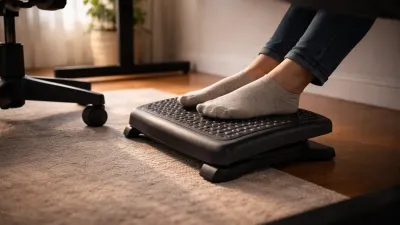 Collection of under-desk footrests in different styles on a floor