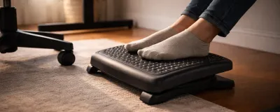 Collection of under-desk footrests in different styles on a floor