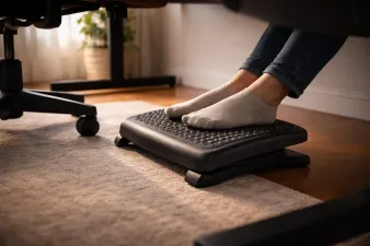 Collection of under-desk footrests in different styles on a floor