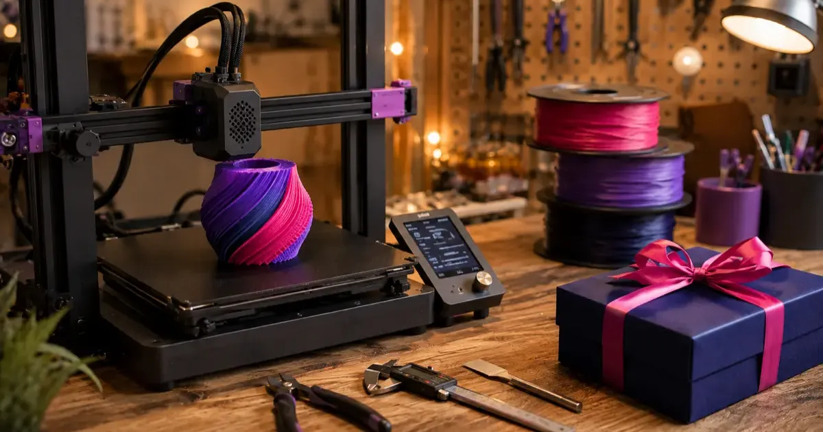 A 3D printer surrounded by filament spools, hand tools, and finished prints as gift ideas