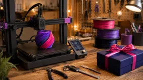 A 3D printer surrounded by filament spools, hand tools, and finished prints as gift ideas