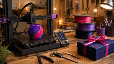 A 3D printer surrounded by filament spools, hand tools, and finished prints as gift ideas