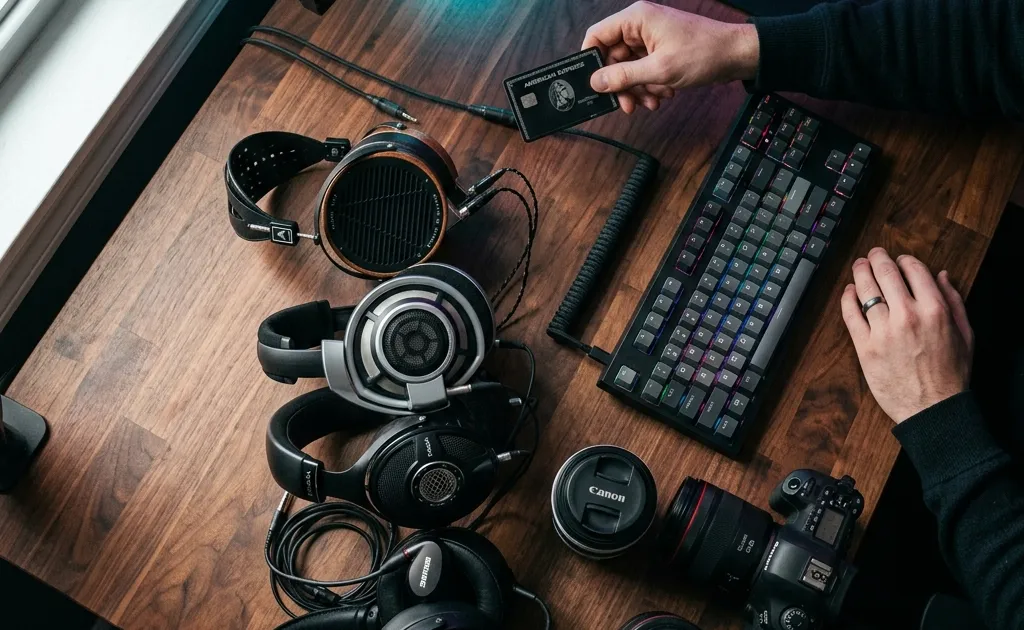 A person contemplating whether to buy a new pair of headphones surrounded by old tech