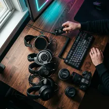 A person contemplating whether to buy a new pair of headphones surrounded by old tech