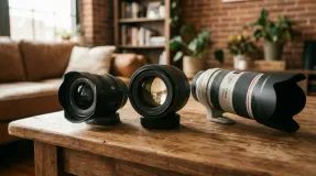 Three camera lenses side by side on a wooden table: wide angle, prime lens, and telephoto zoom