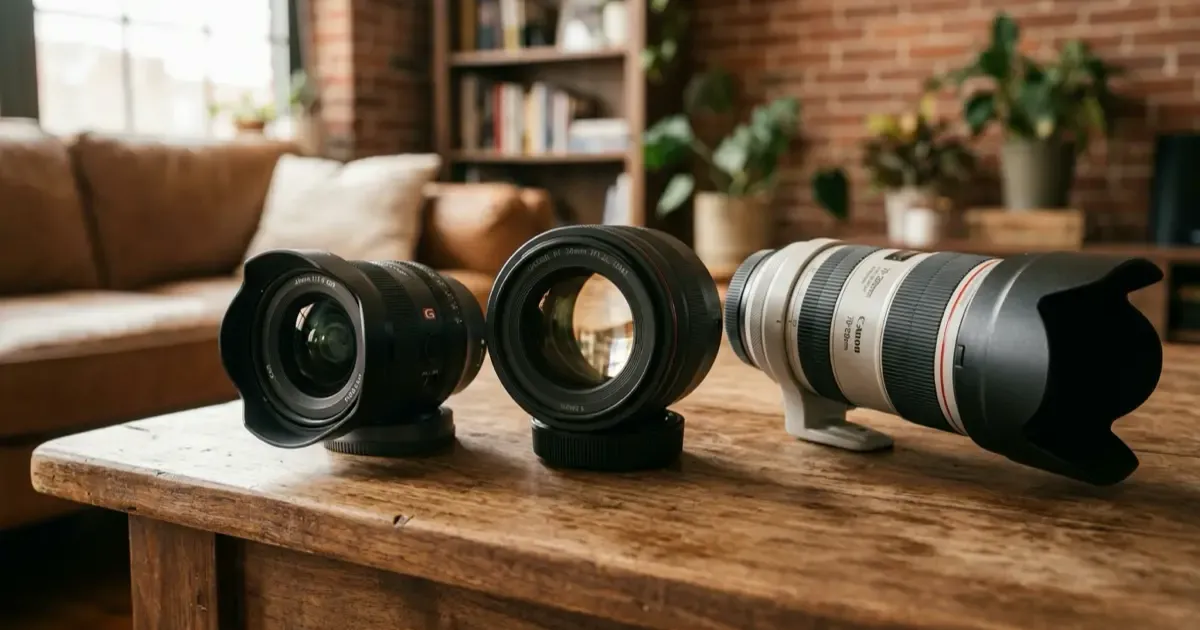 Three camera lenses side by side on a wooden table: wide angle, prime lens, and telephoto zoom