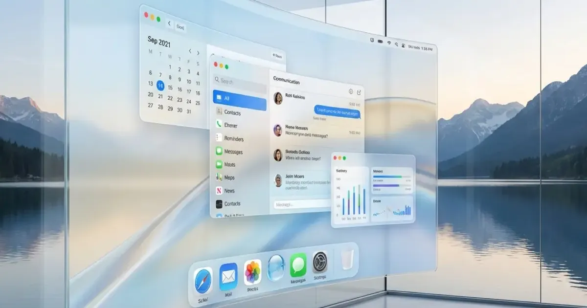 macOS Tahoe desktop showing Liquid Glass interface and hidden features