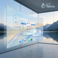 macOS Tahoe desktop showing Liquid Glass interface and hidden features