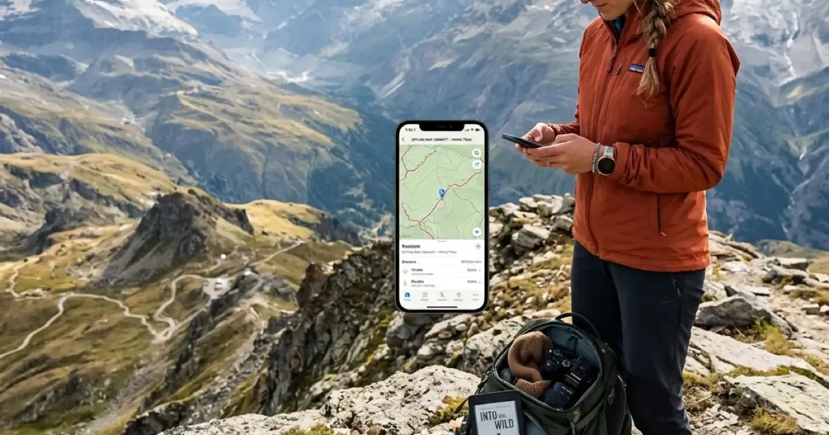 A traveler on a mountain summit checking offline map navigation on a smartphone next to an open backpack