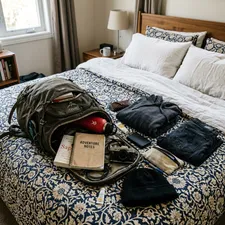 An open backpack with packing cubes and travel gear laid out on a bed