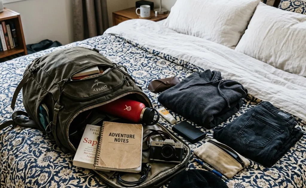 An open backpack with packing cubes and travel gear laid out on a bed
