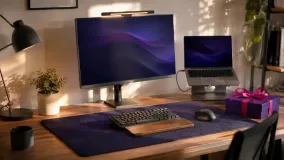 A tidy home office desk with a monitor light bar, desk mat, laptop stand, and a plant as gift ideas