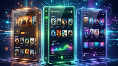 A sleek side by side comparison of three glowing media server interfaces representing Plex, Emby, and Jellyfin.