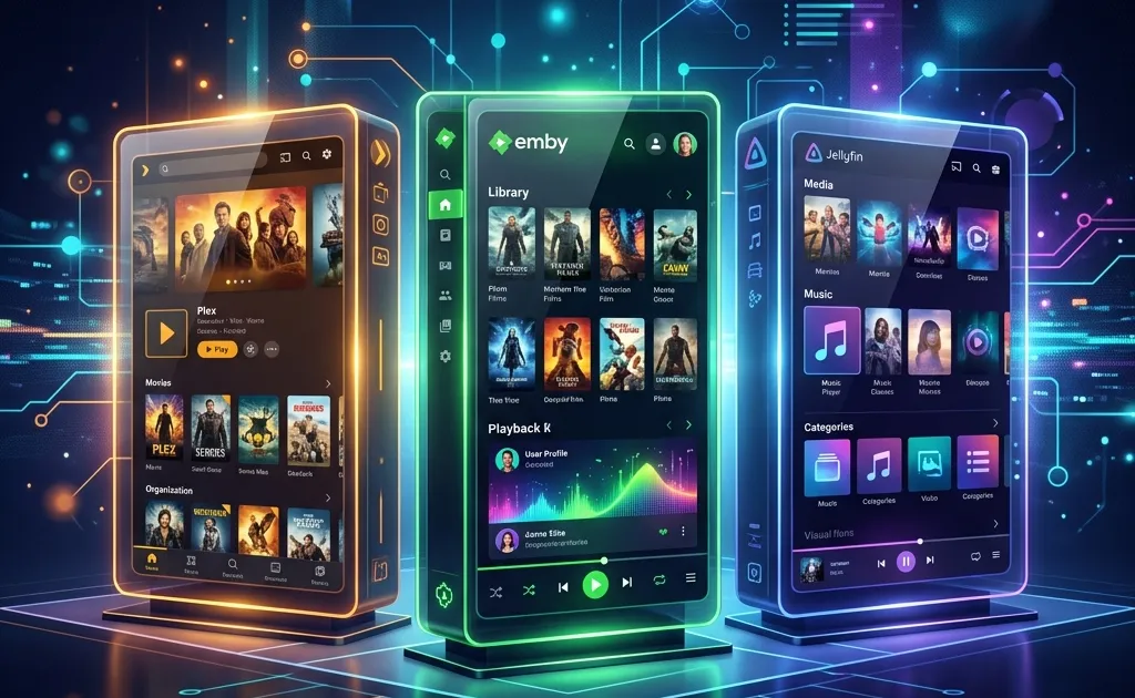 A sleek side by side comparison of three glowing media server interfaces representing Plex, Emby, and Jellyfin.