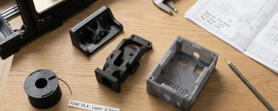3D-printed PLA parts arranged on a wooden desk next to a digital caliper, technical drawing with print specs, and a desktop FDM 3D printer