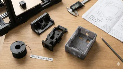 3D-printed PLA parts arranged on a wooden desk next to a digital caliper, technical drawing with print specs, and a desktop FDM 3D printer
