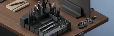 Ten 3D printed desk upgrade accessories arranged on a workspace