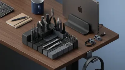 Ten 3D printed desk upgrade accessories arranged on a workspace