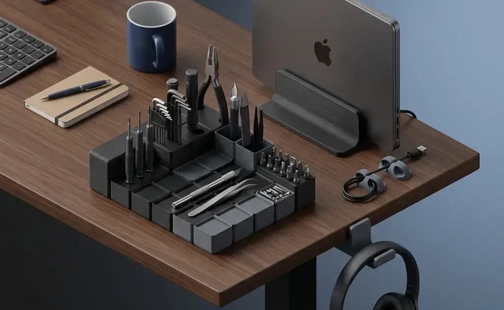 Ten 3D printed desk upgrade accessories arranged on a workspace