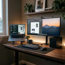 Clean desk setup featuring a single mechanical keyboard and ergonomic mouse controlling a Mac laptop and Windows PC desktop