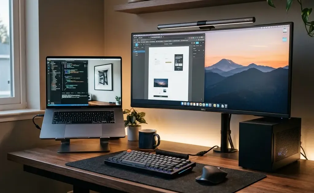 Clean desk setup featuring a single mechanical keyboard and ergonomic mouse controlling a Mac laptop and Windows PC desktop