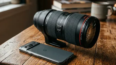 A sleek, modern smartphone lying flat on a wooden table with a massive, heavy professional DSLR camera lens absurdly attached to it.