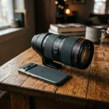 A sleek, modern smartphone lying flat on a wooden table with a massive, heavy professional DSLR camera lens absurdly attached to it.