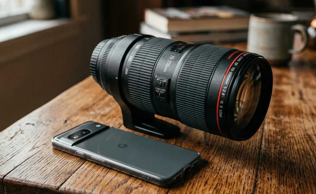A sleek, modern smartphone lying flat on a wooden table with a massive, heavy professional DSLR camera lens absurdly attached to it.
