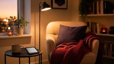 A cozy reading nook with a comfy chair, warm lamp, blanket, and a small shelf of books