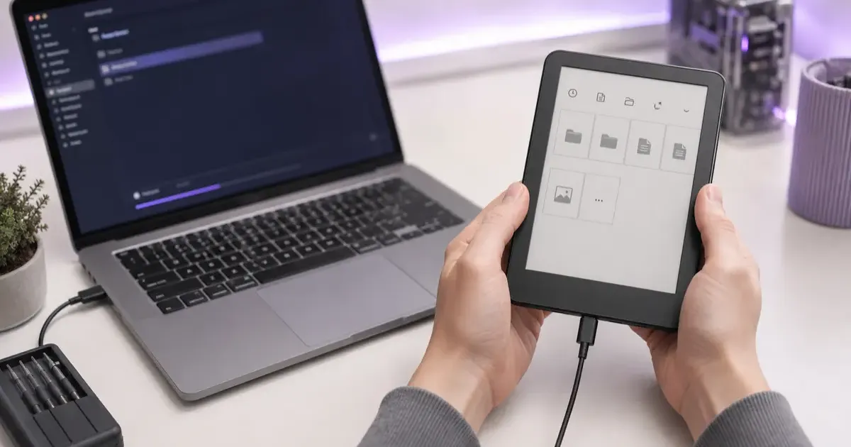 A Kindle running KOReader showing the document library menu