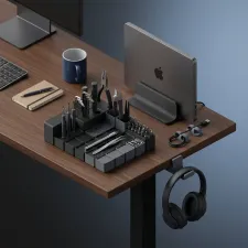 Ten 3D printed desk upgrade accessories arranged on a workspace
