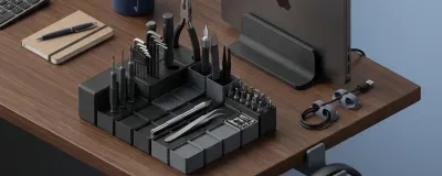 Ten 3D printed desk upgrade accessories arranged on a workspace