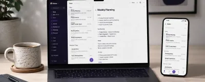 A laptop and phone showing an organized AI-powered note-taking app