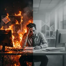 A conceptual split-screen image showing a stressed office worker; the left side is consumed in fiery chaos representing burnout, while the right side is a dull, fading gray representing boreout.