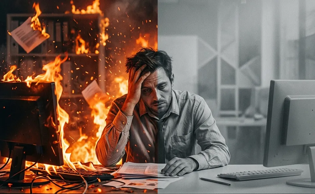 A conceptual split-screen image showing a stressed office worker; the left side is consumed in fiery chaos representing burnout, while the right side is a dull, fading gray representing boreout.
